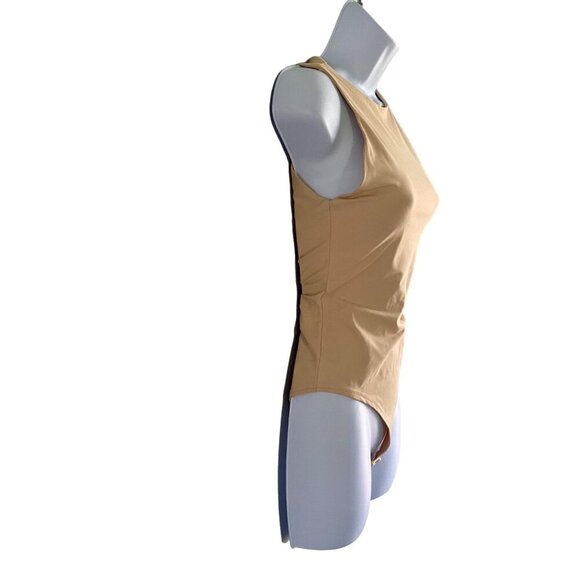 Reoria Women's High Neck Beige Bodysuit Snap Closure Size Small NEW - Picture 2 of 6